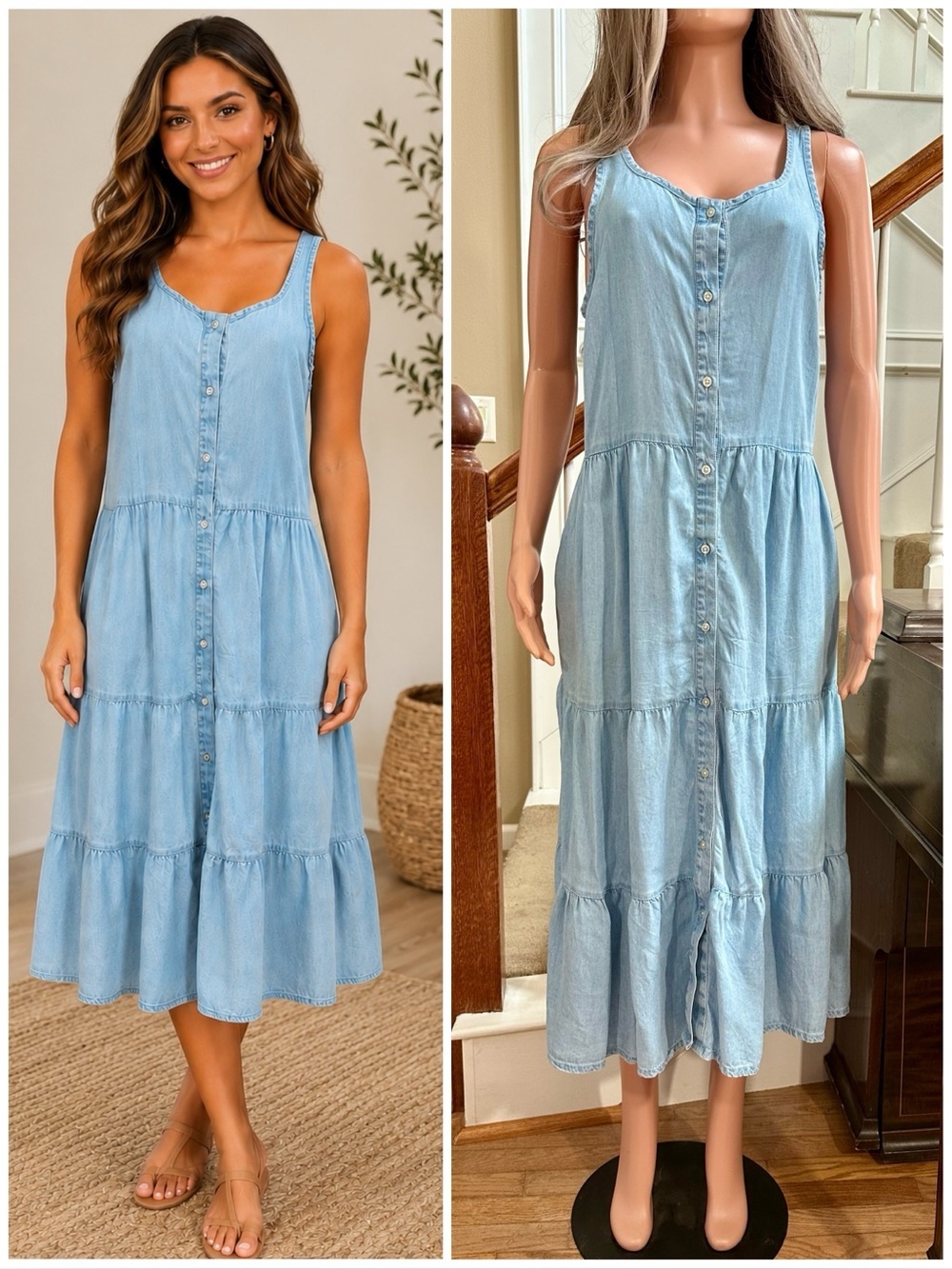 Light Blue Sleeveless Button-Front Tiered Midi Dress